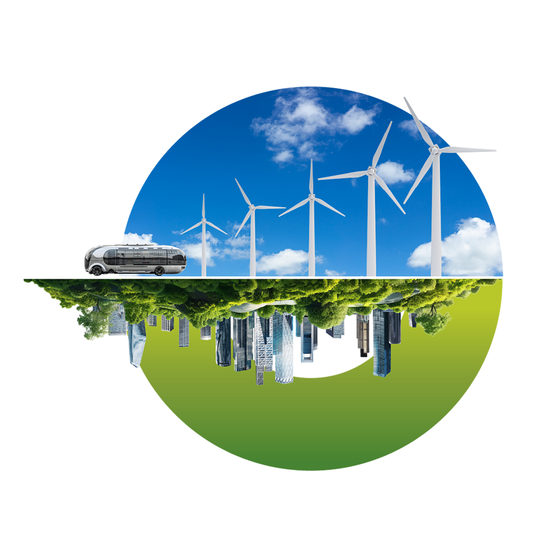 Sustainability for a Connected Planet 지구와 기후 변화에 관련된 지구 환경을 나타내는 원형의 녹색, 흰색 및 노란색 그래픽